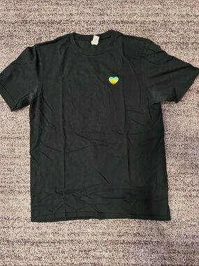 Black Tee with Small Rainbow Heart Detail